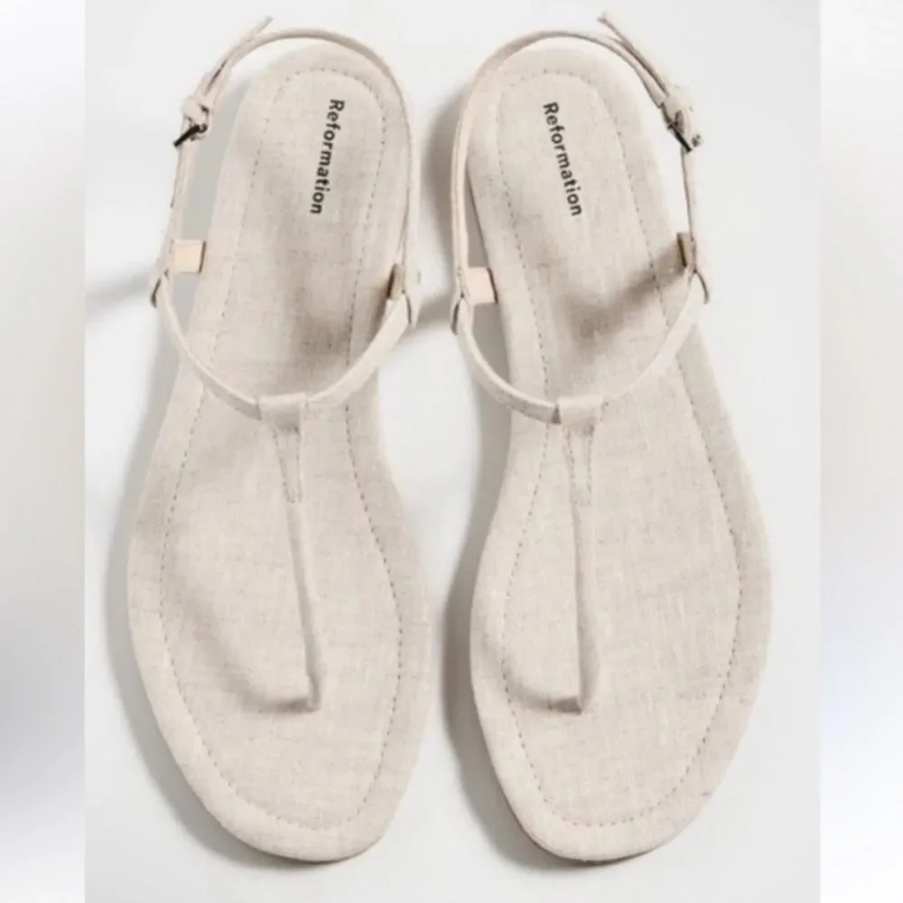 Reformation Cream Linen Thea T-Strap Women's Sandals